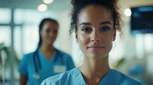 Friendly female healthcare worker in a hospital, looking at the camera with a professional demeanor, with a supportive colleague in the background photo