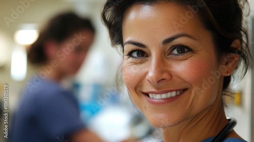 Free Download Friendly female physician looking at the camera with a warm smile, colleague in the background, creating a welcoming hospital setting - GFXLoad