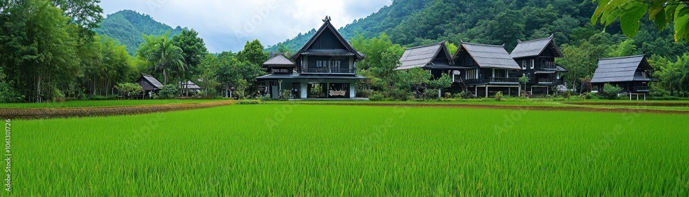 Lush green rice fields with traditional houses against a mountainous backdrop.
