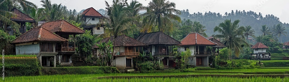 Scenic view of traditional houses amidst rice fields and palm trees in a tranquil setting. Scenic view of traditional houses amidst rice fields and palm trees in a tranquil setting.