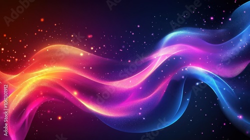 Abstract glowing wave with red, pink, yellow and blue color against a dark background with sparkles.