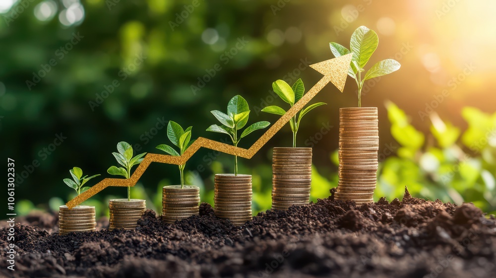 Growth concept showing plants emerging from coins symbolizing investment and sustainability. Growth concept showing plants emerging from coins symbolizing investment and sustainability.