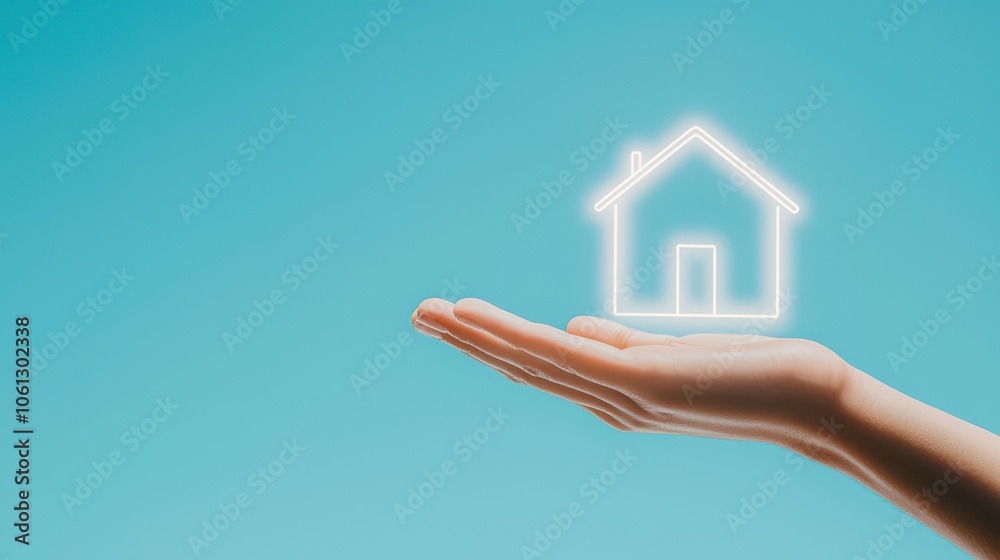 Naklejka premium Hand holding a glowing house icon on a blue background, symbolizing real estate and home ownership.
