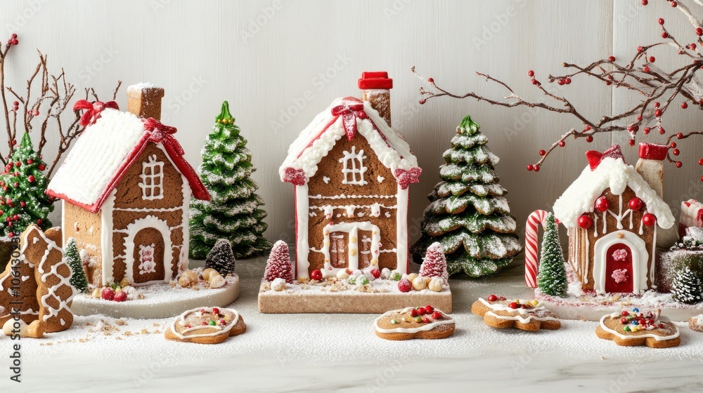 Decorated Gingerbread Houses and Cookies with Snowy Winter Landscape Decorated Gingerbread Houses and Cookies with Snowy Winter Landscape