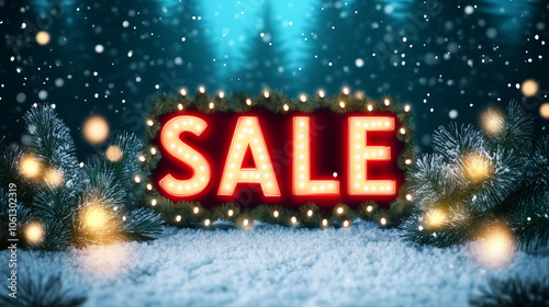 クリスマスセールの電飾ディスプレイを降雪とモミの木でロマンチックに描いたAI生成画像