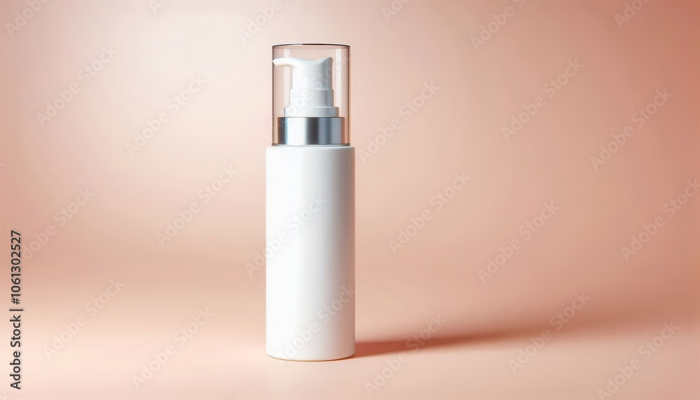 A white pump bottle with a clear glass top and a silver pump on a pale pink background with a spotlight. A white pump bottle with a clear glass top and a silver pump on a pale pink background with a spotlight.