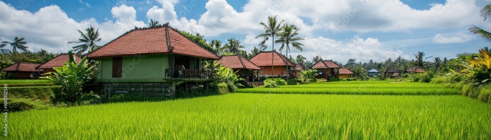 Scenic view of traditional houses surrounded by lush green rice fields under a blue sky.
