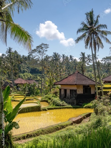 Scenic view of rice terraces with traditional houses and tropical vegetation under a blue sky.