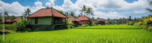 Scenic view of traditional houses surrounded by lush green rice fields under a blue sky.