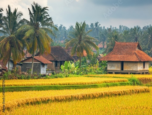 Lush rice fields with traditional houses surrounded by palm trees in a tropical landscape.