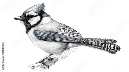 A detailed pencil drawing of a blue jay perched on a branch. (1) photo