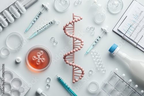 Scientific tools and DNA model arranged in a laboratory setting, showcasing research and innovation. photo