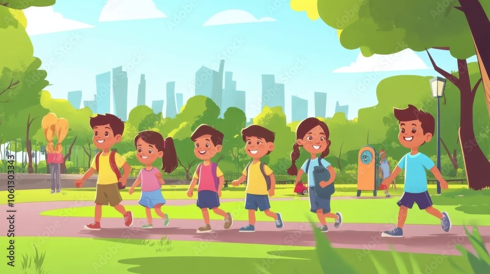 Fototapeta premium Group of kids playing in park, royalty-free, perfect for family and educational marketing