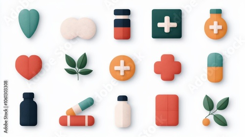 A collection of colorful, stylized health and wellness icons, featuring various medicinal and herbal themes.
