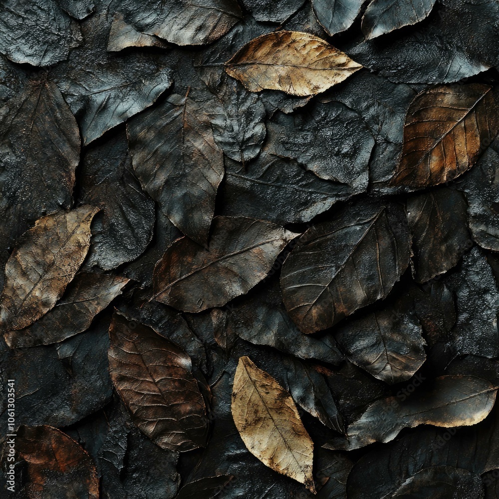 Close-up of a Dark and Moody Collection of Dried Leaves with a Metallic Sheen Close-up of a Dark and Moody Collection of Dried Leaves with a Metallic Sheen