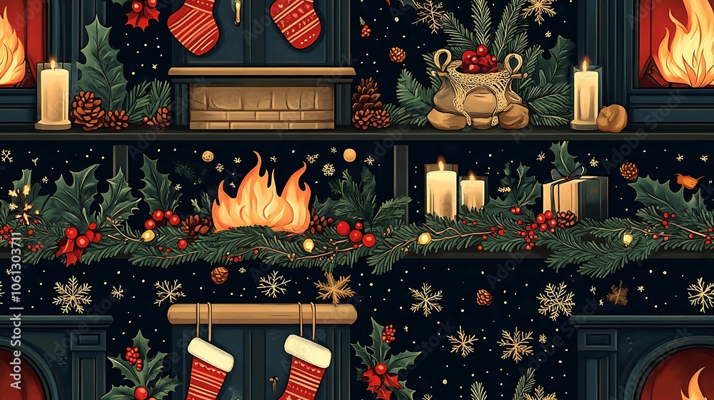 A seamless pattern of holiday fireplaces with stockings, flickering flames, and garlands of holly and pine. The cartoon details make each fireplace cozy and inviting, perfect for a festive scene. A seamless pattern of holiday fireplaces with stockings, flickering flames, and garlands of holly and pine. The cartoon details make each fireplace cozy and inviting, perfect for a festive scene.