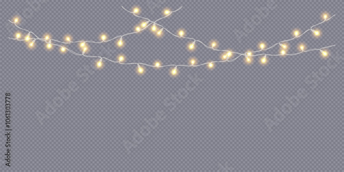 Fairy lights lines with golden lamps frame realistic vector icon. Christmas party decorative border 3d object illustration on transparent background