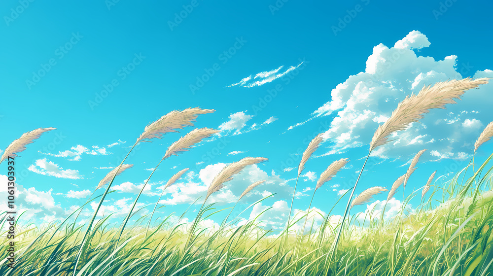 Obraz premium Angle with blue sky background scenery, anime style illustration, generative ai. Wind Spirit. Illustration