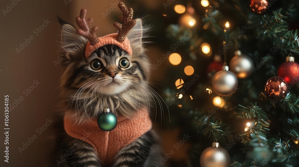 A festive cat with reindeer antlers sits beside a beautifully decorated Christmas tree, exuding holiday cheer.