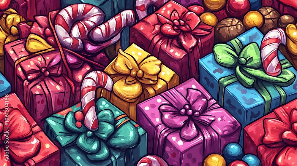 A seamless pattern of wrapped gift boxes with oversized bows and ribbons, surrounded by colorful candy canes and holiday sweets. Each box has unique patterns and colors, creating a lively, A seamless pattern of wrapped gift boxes with oversized bows and ribbons, surrounded by colorful candy canes and holiday sweets. Each box has unique patterns and colors, creating a lively,