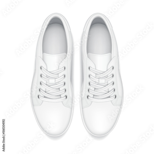 Dynamic lifestyle sneakers realistic vector illustration object. Athletic footwear with shoelaces top-down view 3d model on white background