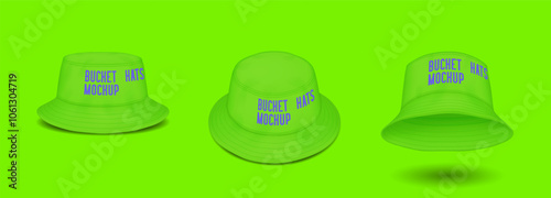 Stylish green bucket hats with design mockup realistic vector illustration set. Trendy caps for summer season 3d models on color background