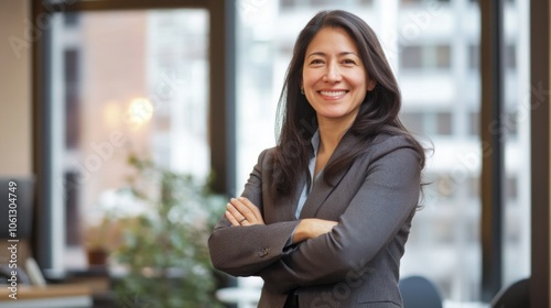 Happy female executive in business attire, embodying confidence and warmth in a professional office setting Free Download Happy female executive in business attire, embodying confidence and warmth in a professional office setting - GFXLoad