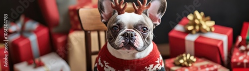 A festive dog in a sweater and reindeer antlers sits among colorful holiday gifts, radiating cheer and warmth.