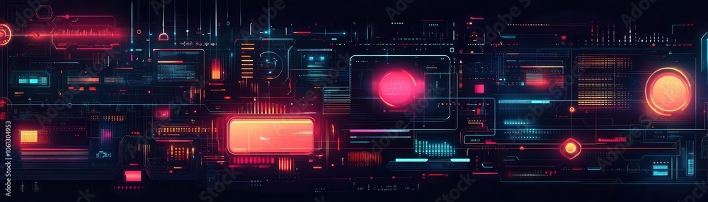A vibrant digital interface featuring glowing panels and abstract shapes, showcasing a futuristic, high-tech aesthetic. A vibrant digital interface featuring glowing panels and abstract shapes, showcasing a futuristic, high-tech aesthetic.
