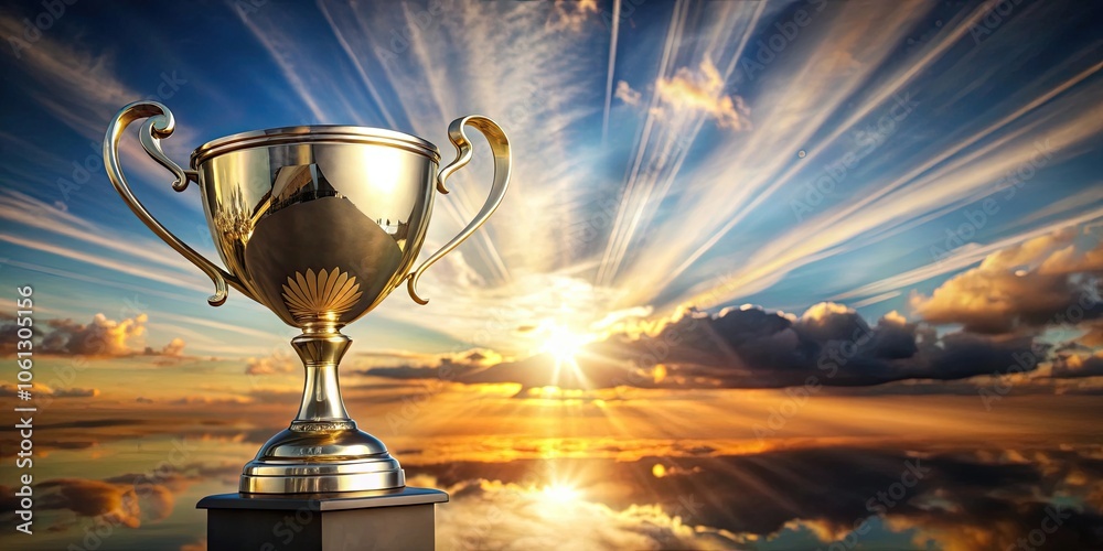 Winner trophy shining in the sky background, victory, success, first place, achievement, reward, gold, champion Winner trophy shining in the sky background, victory, success, first place, achievement, reward, gold, champion