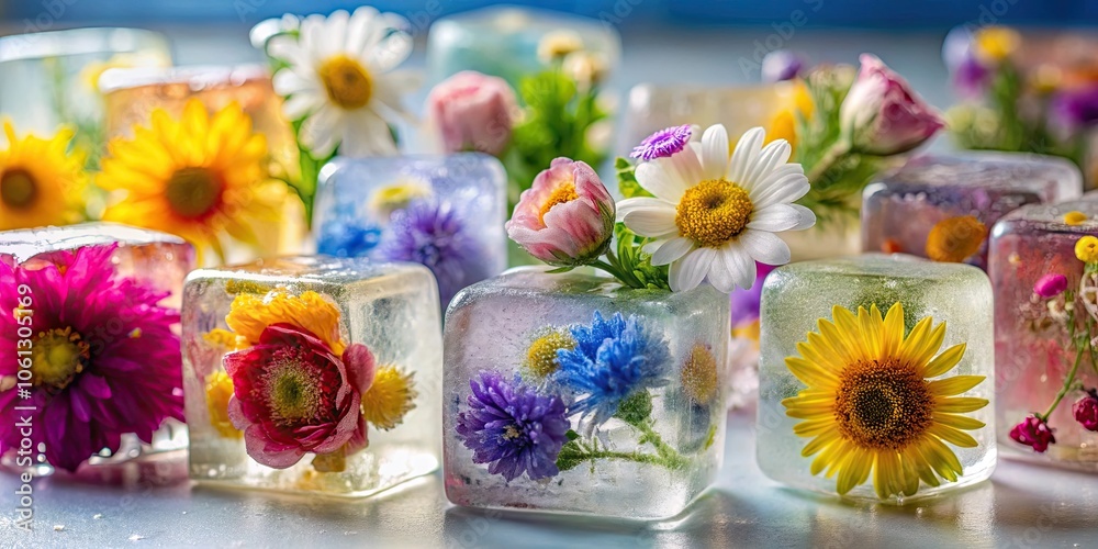 Close-up shot of colorful flowers frozen in ice cubes, flowers, ice cubes, colorful, frozen, close-up, nature, botanical Close-up shot of colorful flowers frozen in ice cubes, flowers, ice cubes, colorful, frozen, close-up, nature, botanical