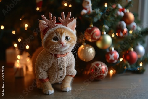 A cute cat in festive attire poses by a decorated Christmas tree, surrounded by colorful ornaments and warm, twinkling lights.