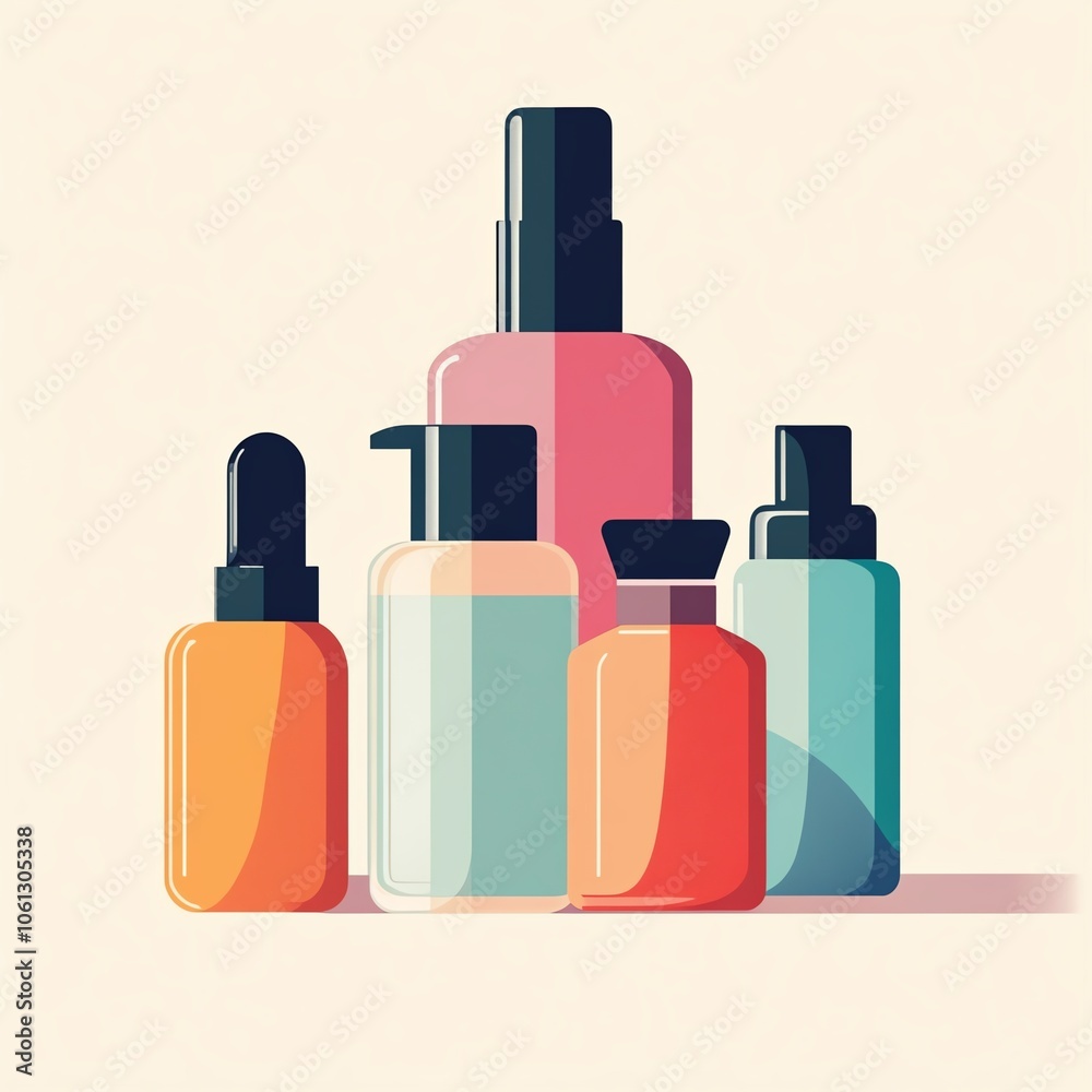 Colorful luxury skincare bottles, different styles and shapes, flat design illustration Colorful luxury skincare bottles, different styles and shapes, flat design illustration