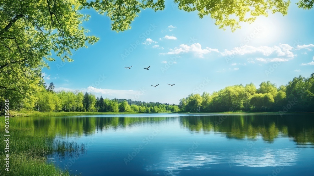 Obraz premium Four majestic birds soaring over a tranquil lake in a peaceful natural landscape under a clear blue sky