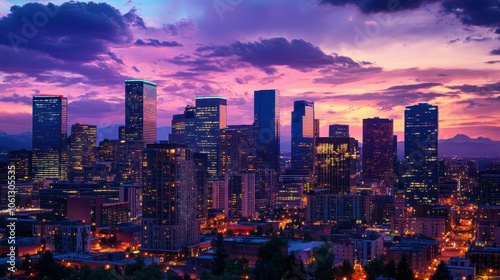 Captivating urban vista dusk city skyline illuminated by twinkling lights and vibrant colors