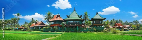 A picturesque landscape featuring traditional architecture amidst lush green rice fields.