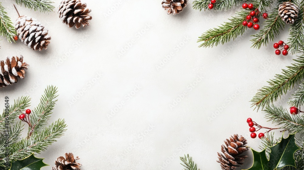 Snowy Pine Cones, Holly, and Berries on White Background Snowy Pine Cones, Holly, and Berries on White Background