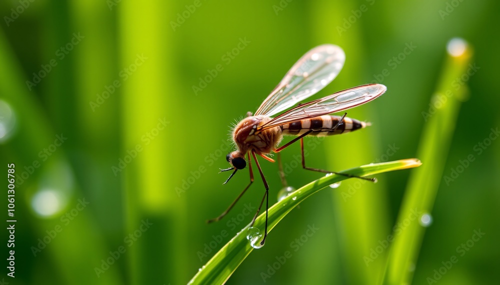 Delicate Dance: A Fly Rests on Dew-Kissed Grass Delicate Dance: A Fly Rests on Dew-Kissed Grass