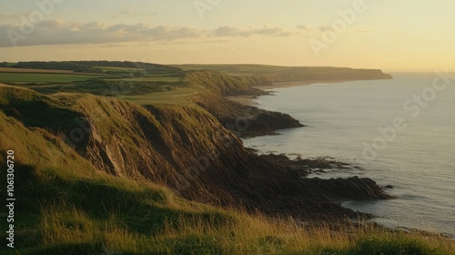 A scenic view of a grassy cliff overlooking a vast body of water during sunset.