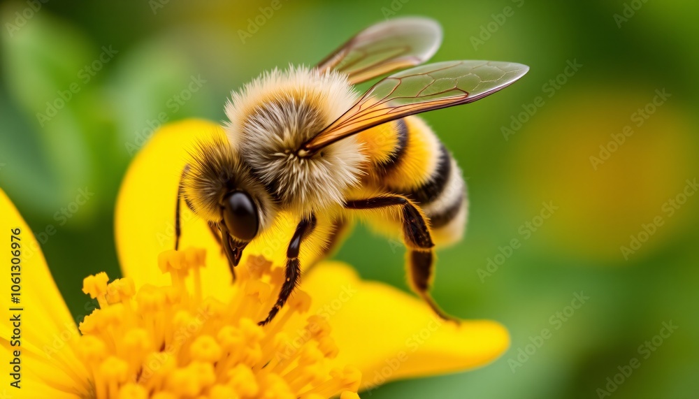 A fuzzy bee collecting pollen from a vibrant yellow flower. A fuzzy bee collecting pollen from a vibrant yellow flower.