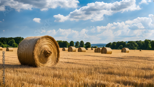 A field of golden wheat with a large hay ball in the foreground