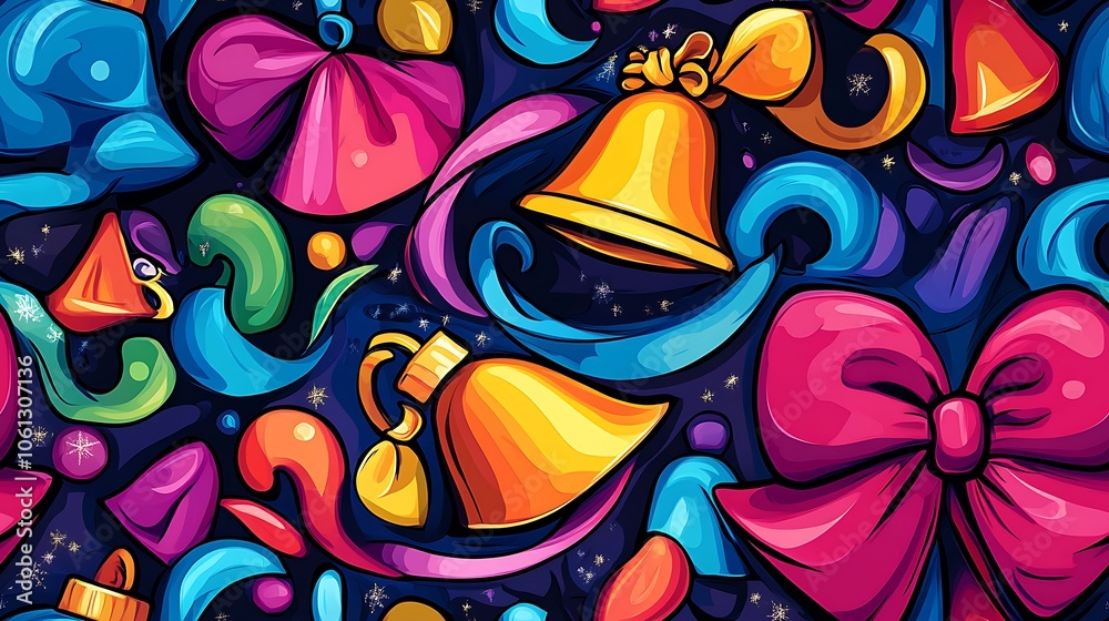 Obraz premium Fun and lively Christmas pattern of festive bells, holiday bows, and curling ribbons in bold, bright colors, arranged in a seamless layout.