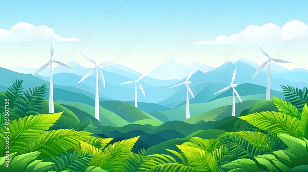 A vibrant landscape featuring wind turbines among lush greenery and mountains. A vibrant landscape featuring wind turbines among lush greenery and mountains.