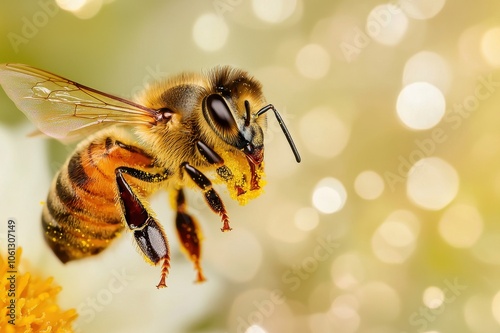 Close-up of a honey bee hovering over a flower, with a blurred background. photo