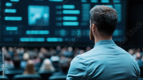 A person focuses on a large display screen in a conference room filled with an audience, showcasing data or information.