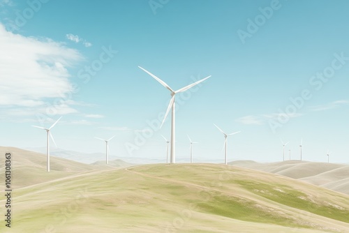 A serene landscape featuring wind turbines on rolling hills under a clear blue sky.