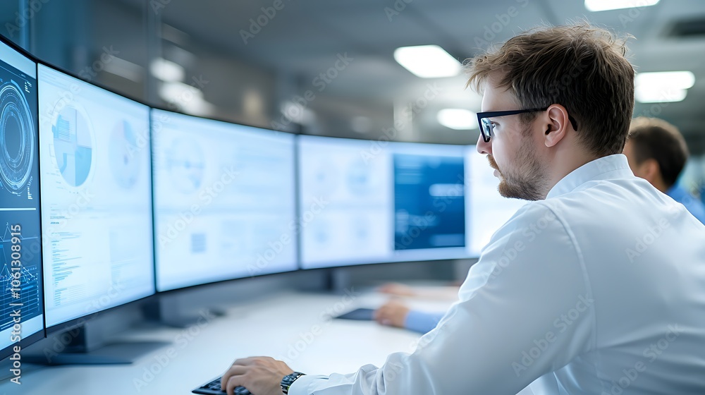 Fototapeta premium Data analyst monitors real-time metrics on multiple screens for enhanced decision making
