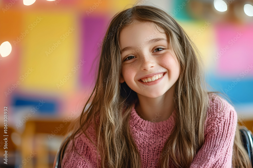 Young girl in wheelchair smiling in inclusive classroom with colorful background