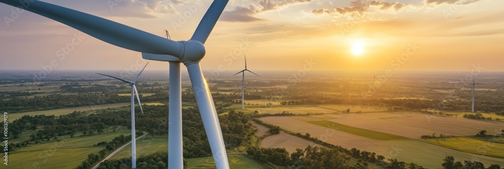 Fototapeta premium Wind turbines in a sunset landscape, promoting renewable energy and sustainability.