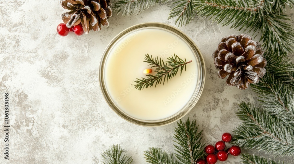 A White Scented Candle with Pine Needle Detail and Pine Cones and Berries A White Scented Candle with Pine Needle Detail and Pine Cones and Berries
